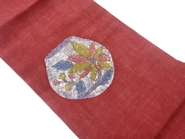 縮緬地手描き壺に花葉模様名古屋帯